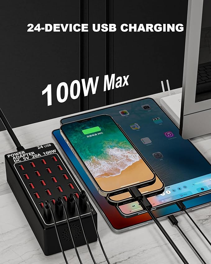 24-Port 100 watt USB Charging Station, Travel Desktop USB Rapid Charger - Image 2