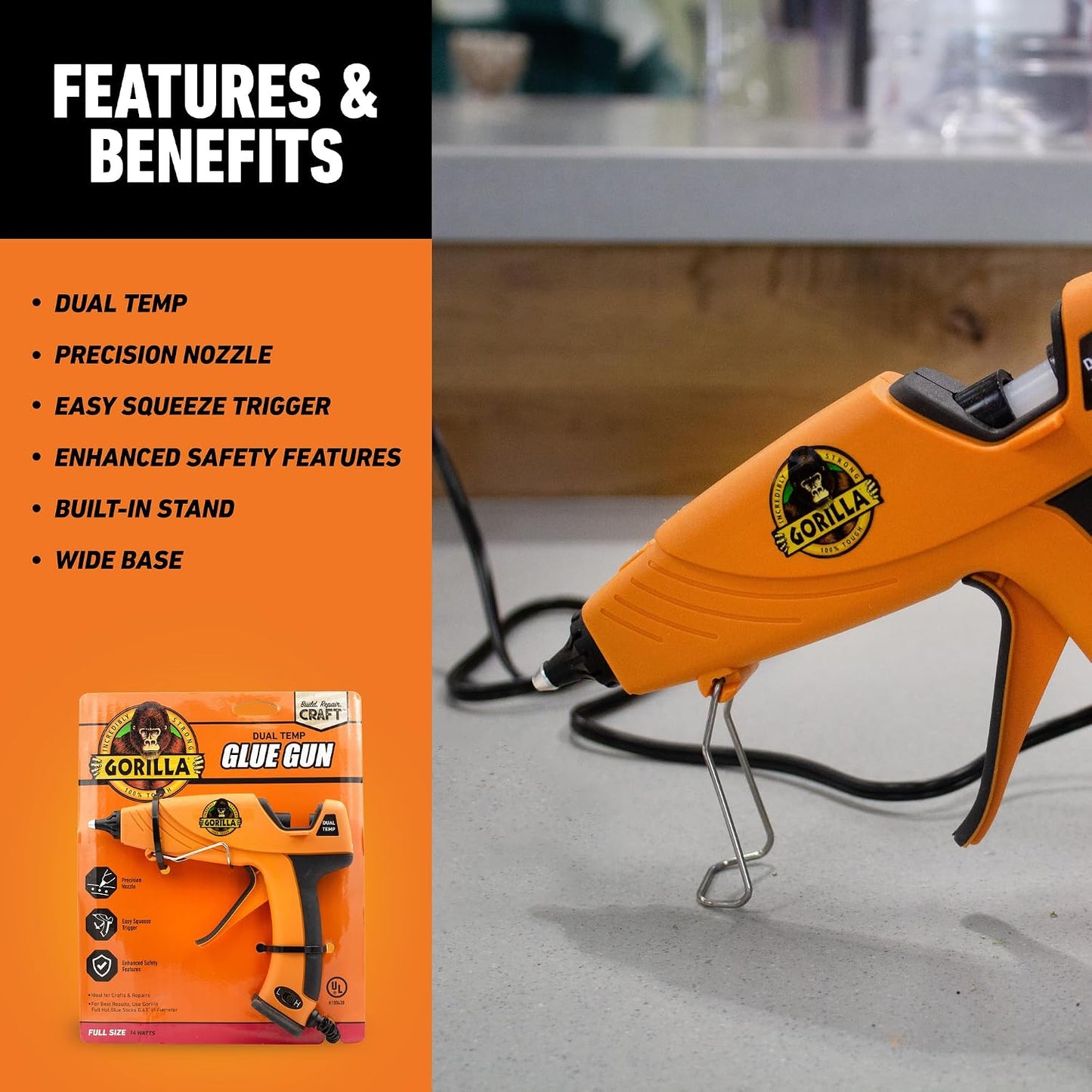 Gorilla Dual Temp Full Size Hot Glue Gun, Precision Nozzle | Easy Squeeze Trigger for Comfort, Enhanced Safety Features, Great for DIY, Craft, Repairs, and More