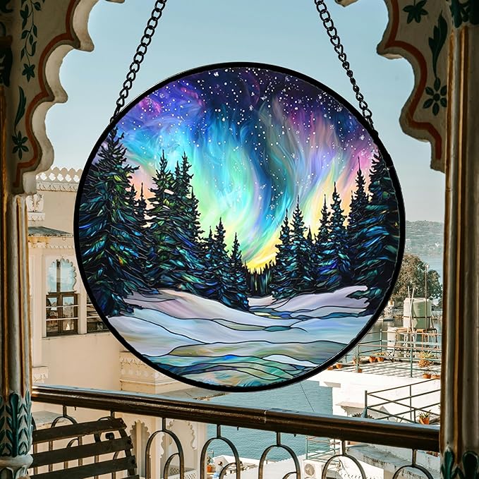 DASTOLL Stained Glass Window Hanging, Aurora Landscape Sun Catchers Glass Panel - Image 3