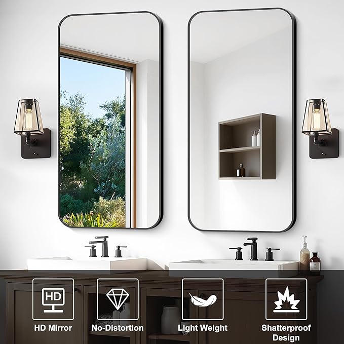 Bathroom Mirror, 48 x 24 inch Black Rectangle Wall Mirror, Metal Framed - Image 4