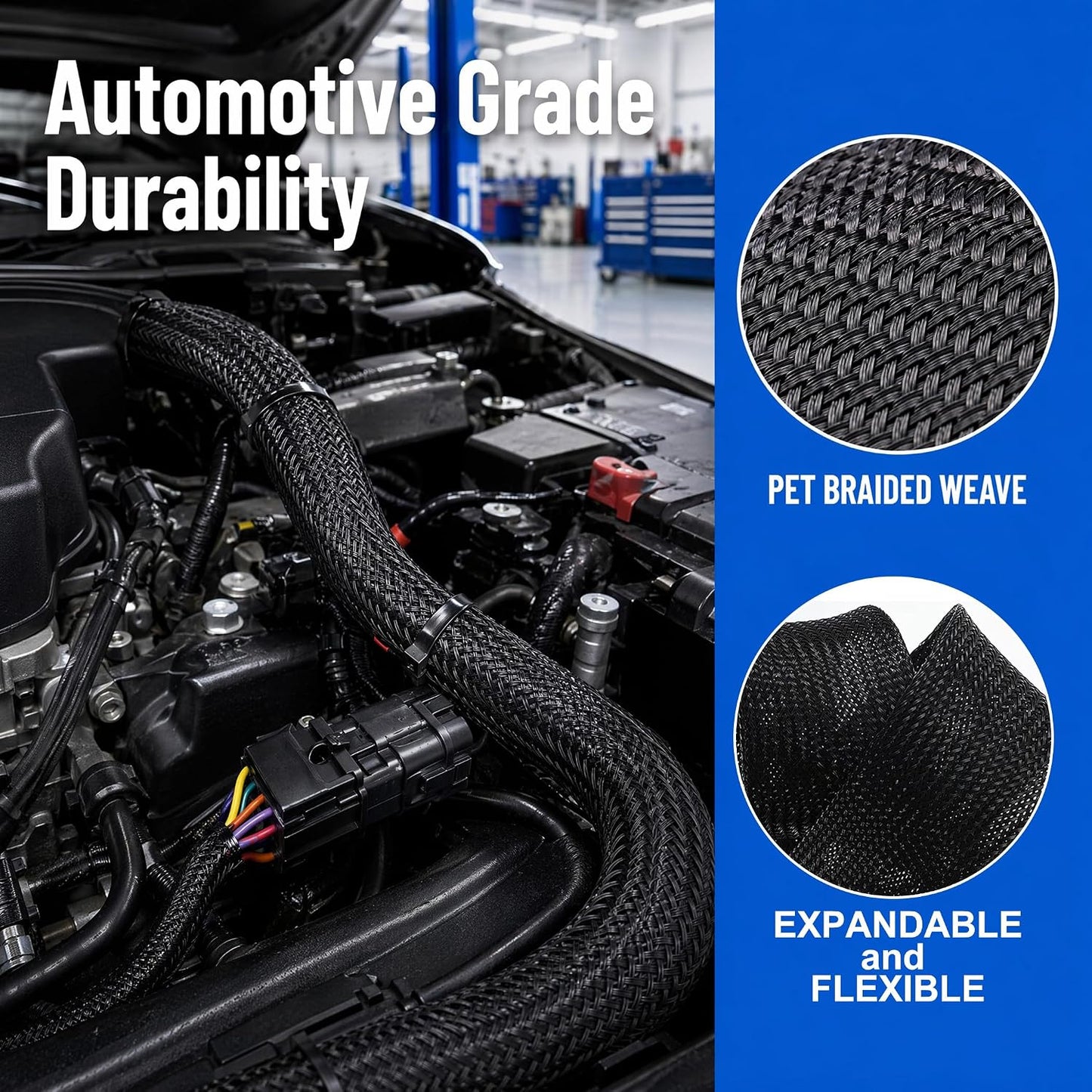 32ft 1" Expandable Cable Sleeving, Braided PET Wire Cover Cord Management | Black PET Braided Flexible Cable Sleeve, Anti-Scratch Wire Loom for Automotive Wire Harness Hydraulic Hose