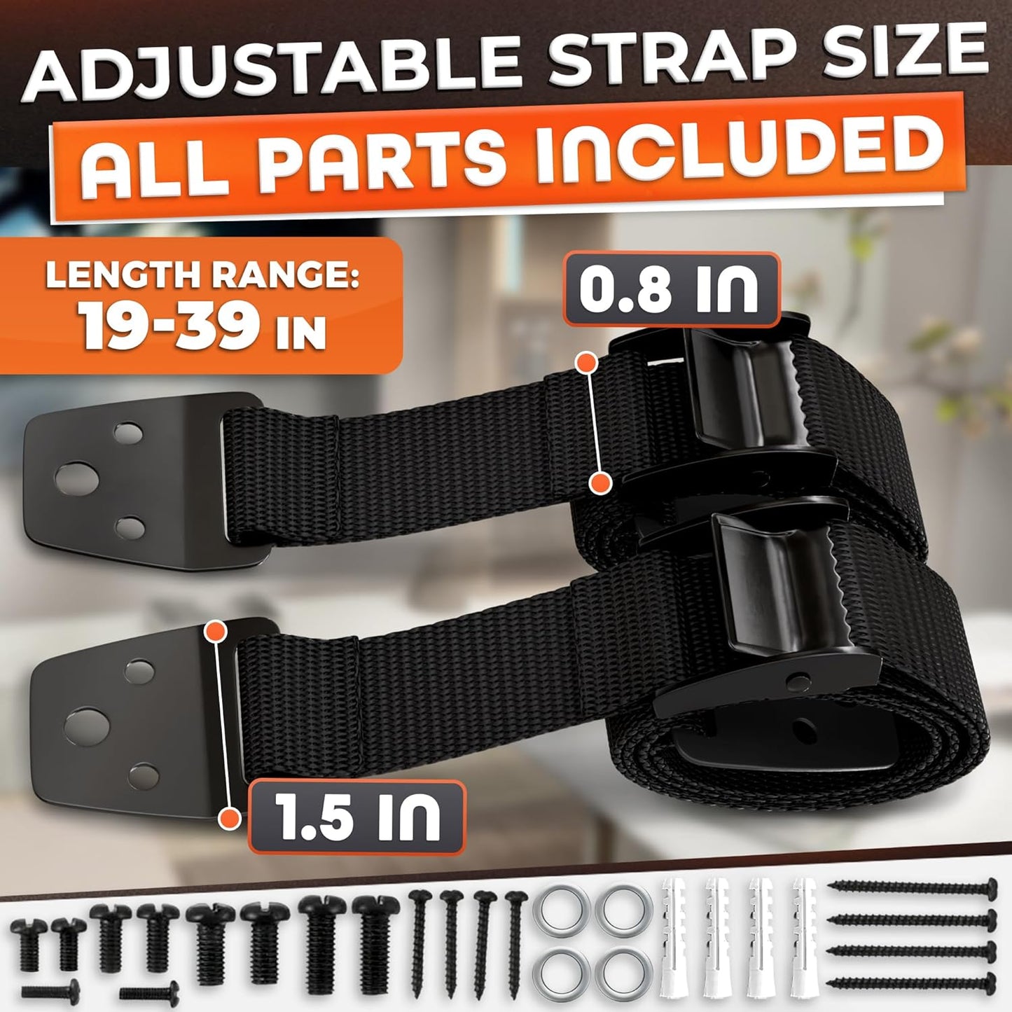 TV Safety Straps for Flat Screen, Anti-Tip, Adjustable 19 to 39 In | Wall Anchor Straps Hold Big Screen TVs Up to 330 Lbs - Flexible Nylon, Wear-Resistant, and Easy Setup for Furniture Anchoring