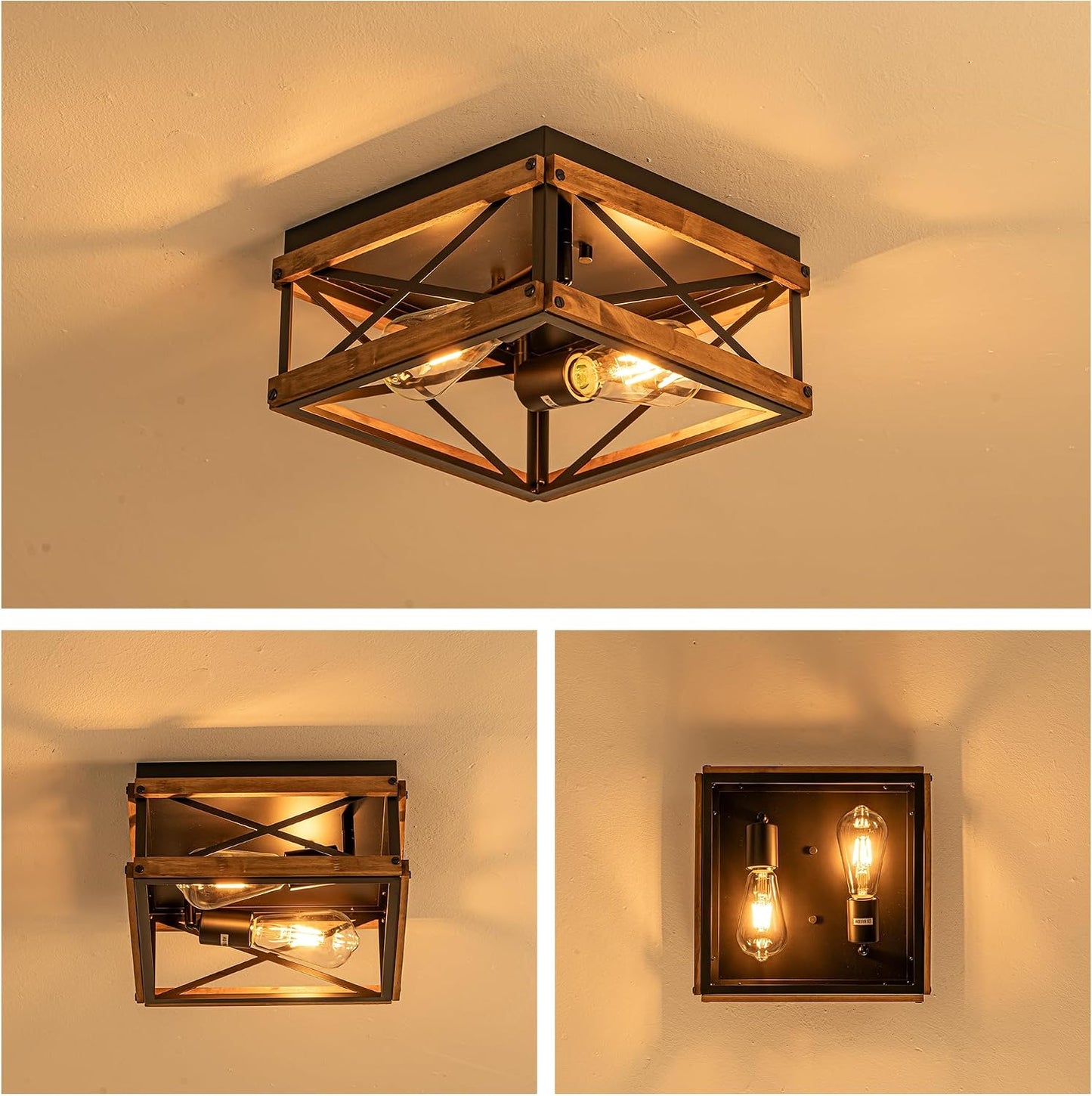 Mayful Black Farmhouse Flush Mount Ceiling Light Fixturet, 2-Light Rustic Hallway Light Fixtures with Wood & Metal Frame, Industrial Close to Ceiling Light Fixtures for Kitchen Entryway Foyer