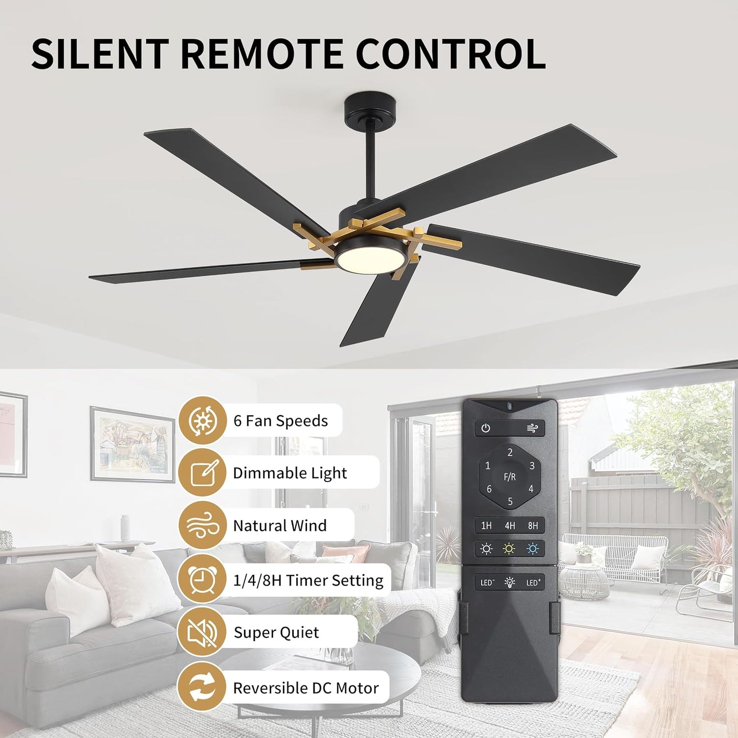 WINGBO 64 Inch Ceiling Fan with Light and Remote, 5 Plywood Blades, 6-Speed Reversible DC Motor, Dimmable, 3CCT, Modern Ceiling Fan for Bedroom Living Room Kitchen, Gold and Black
