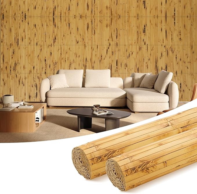 OUZUGIE 2 Pack 96x24 Inch Natural Bamboo Wall Panel – Yellow Burned Pole Wrap by OUZUGIE