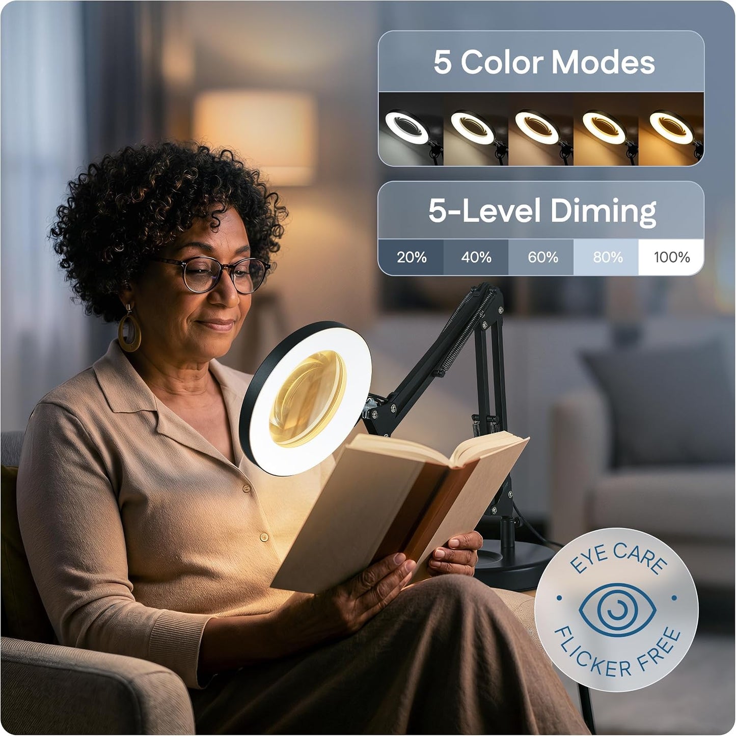 10X Magnifying Lamp - Desk Magnifying Glass with Light, Lighted Magnifying Glass with Stand, Magnifying Light, 5 Color Modes, 2 Mounting Options, USB Cable, Adapter & Magnetic Tray, Black