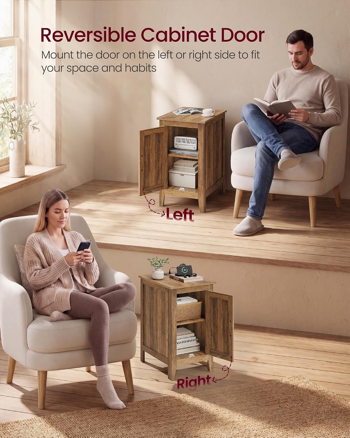 VASAGLE LIRY Collection - End Table with Charging Station, Side Table with Storage Cabinet, Night Stand for Living Room, Bedroom, Home Office, Warm Brown ULET131K101S