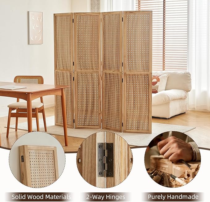 Leesinwing 4 Panel Wooden Room Dividers, 5.6FT High Plug-in Folding Screen Made - Image 6