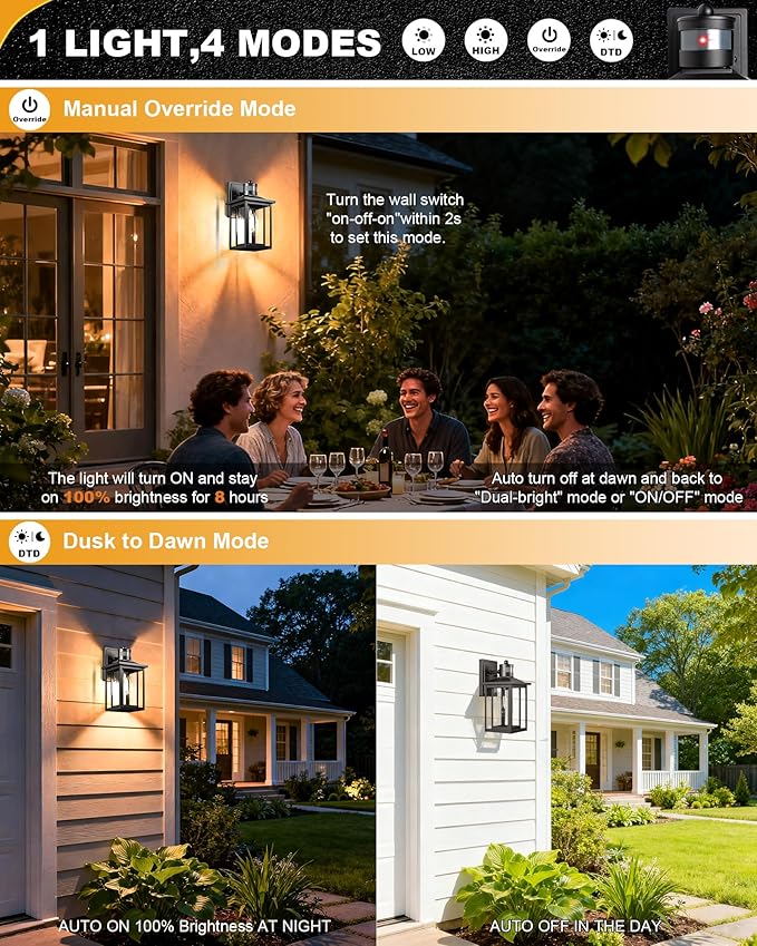 LTBLIGHT Motion Sensor Dusk to Dawn Outdoor Light, 4-Modes Adjustable Black - Image 3