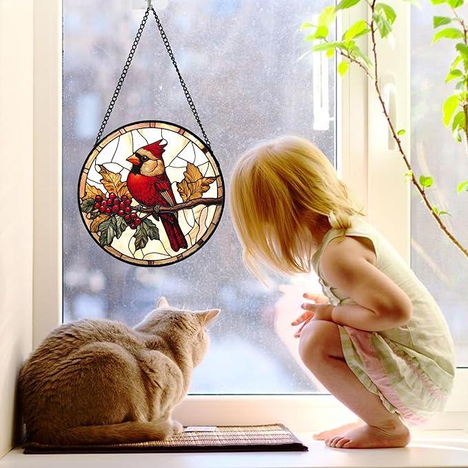 DASTOLL Stained Glass Window Hanging, Birds on a Branch Cardinal Sun Catchers - Image 3