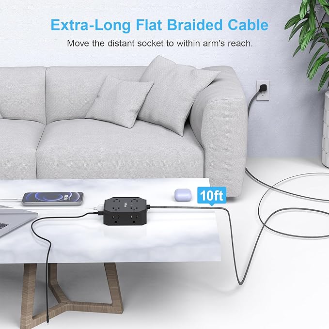 10FT Surge Protector Power Strip, Braided Extension Cord, 8 Outlets 4 USB Ports - Image 5