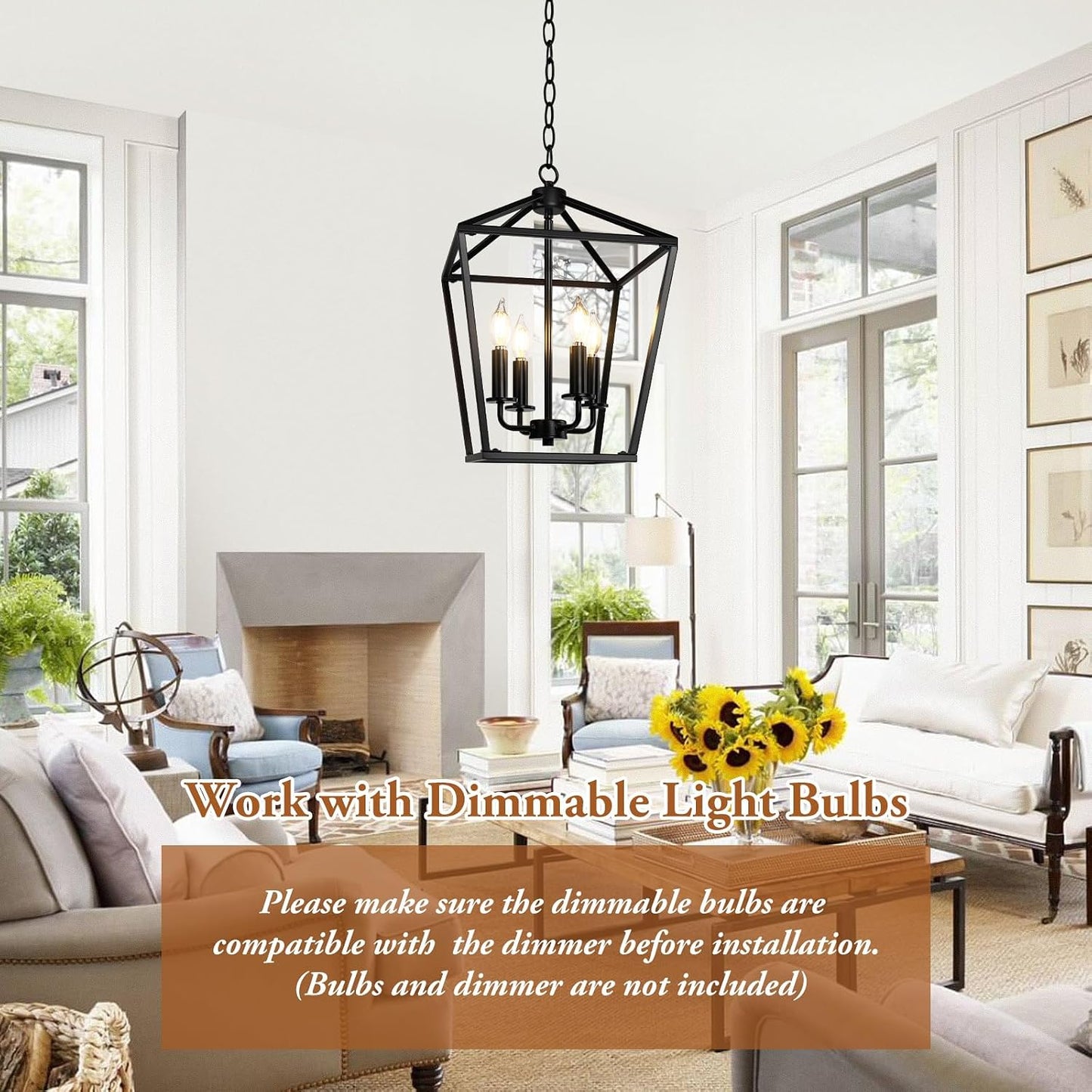 Black Farmhouse Chandelier, 4-Light Foyer Lighting Fixtures for Dining Room | Industrial Kitchen Lantern chandelier Over Table, Pendant Island Ceiling Light for Entryway, Metal Cage Adjustable Height