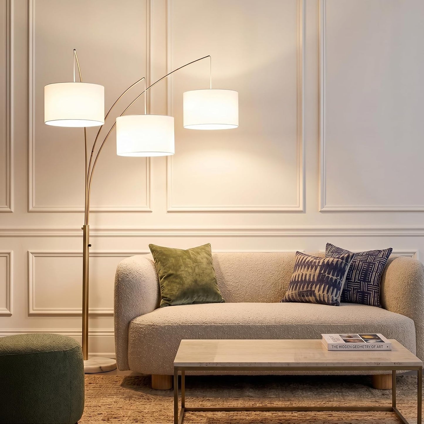 Brightech Trilage Arc Floor Lamp - Large Standing Lamp with 3 Fabric Shades & LED Bulbs for Living Room Over the Sofa, Reading, Multi-Head Traditional Tree Floor Lamp for Bedroom - Brass