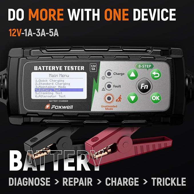 FOXWELL BC521 5A 12V Battery Charger & Tester, 4-in-1 Battery Maintainer - Image 2