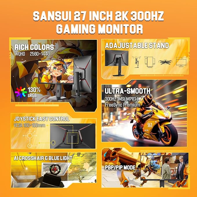 SANSUI 27 inch 1440p 300Hz 240Hz Gaming Monitor, WQHD Fast IPS 1ms Computer - Image 2