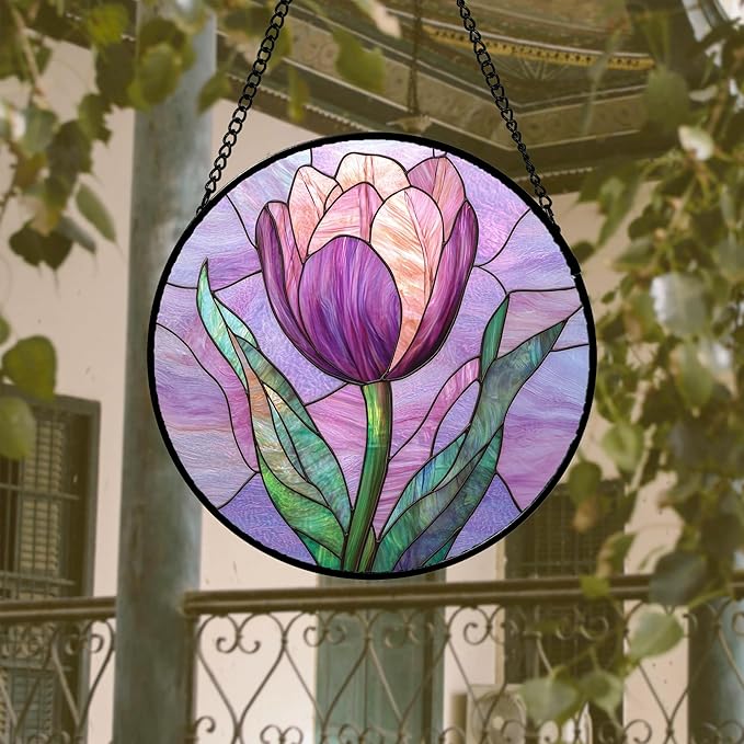 DASTOLL Stained Glass Window Hanging 4 Pcs Set Purple Flower Theme 9.8" - Image 3
