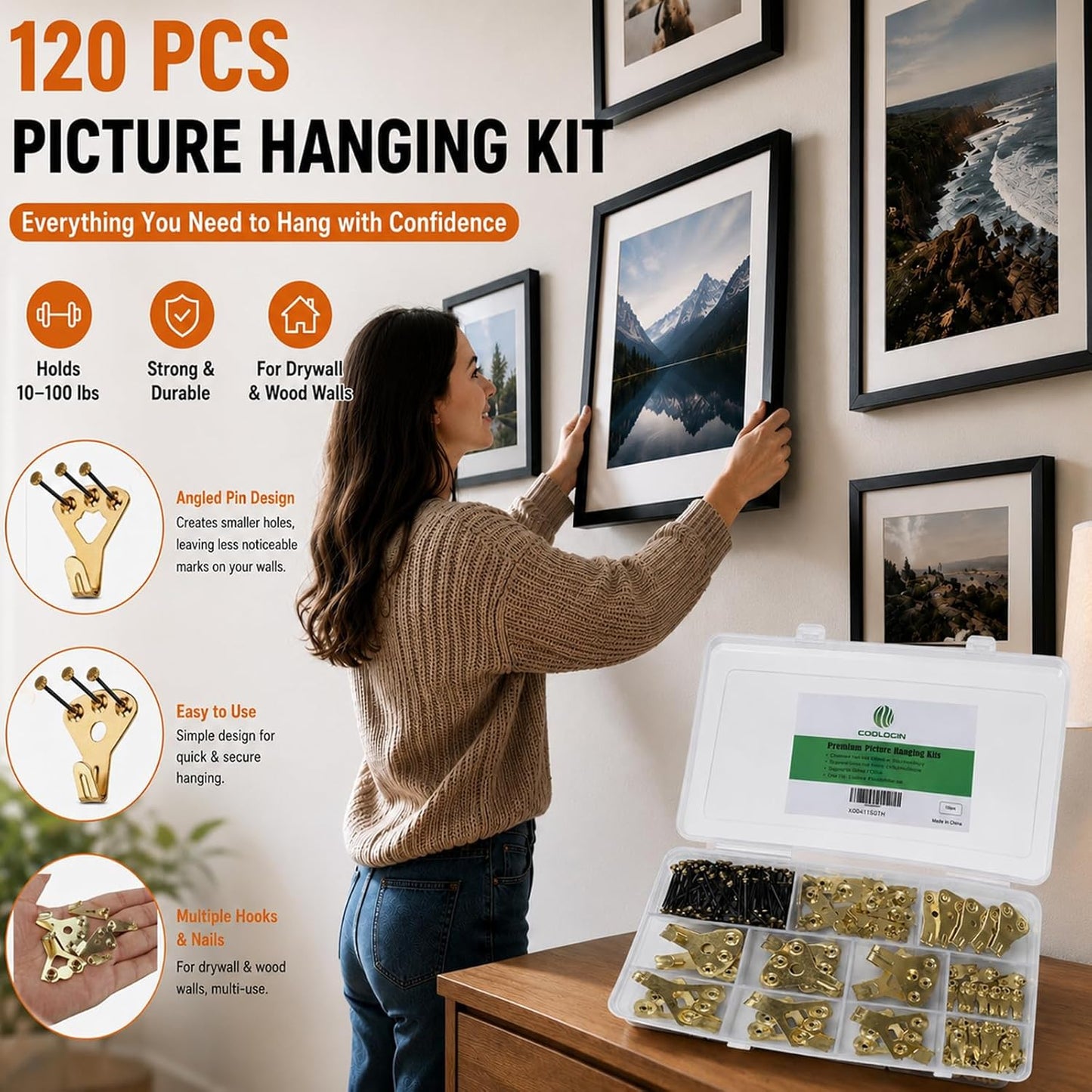 Heavy Duty Picture Hanging Kit with Assorted Hooks & Nails,125PCS | Professional Picture Hangers for Canvas,Frames,Wall Art & Mirrors,6 Sizes,10-100 lbs,Organizer Storage Case