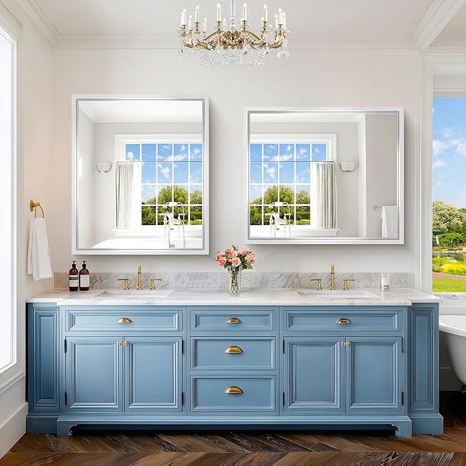 Silver Bathroom Mirror, 42 x 36 Inch Brushed Silver Rectangle Mirror - Image 3