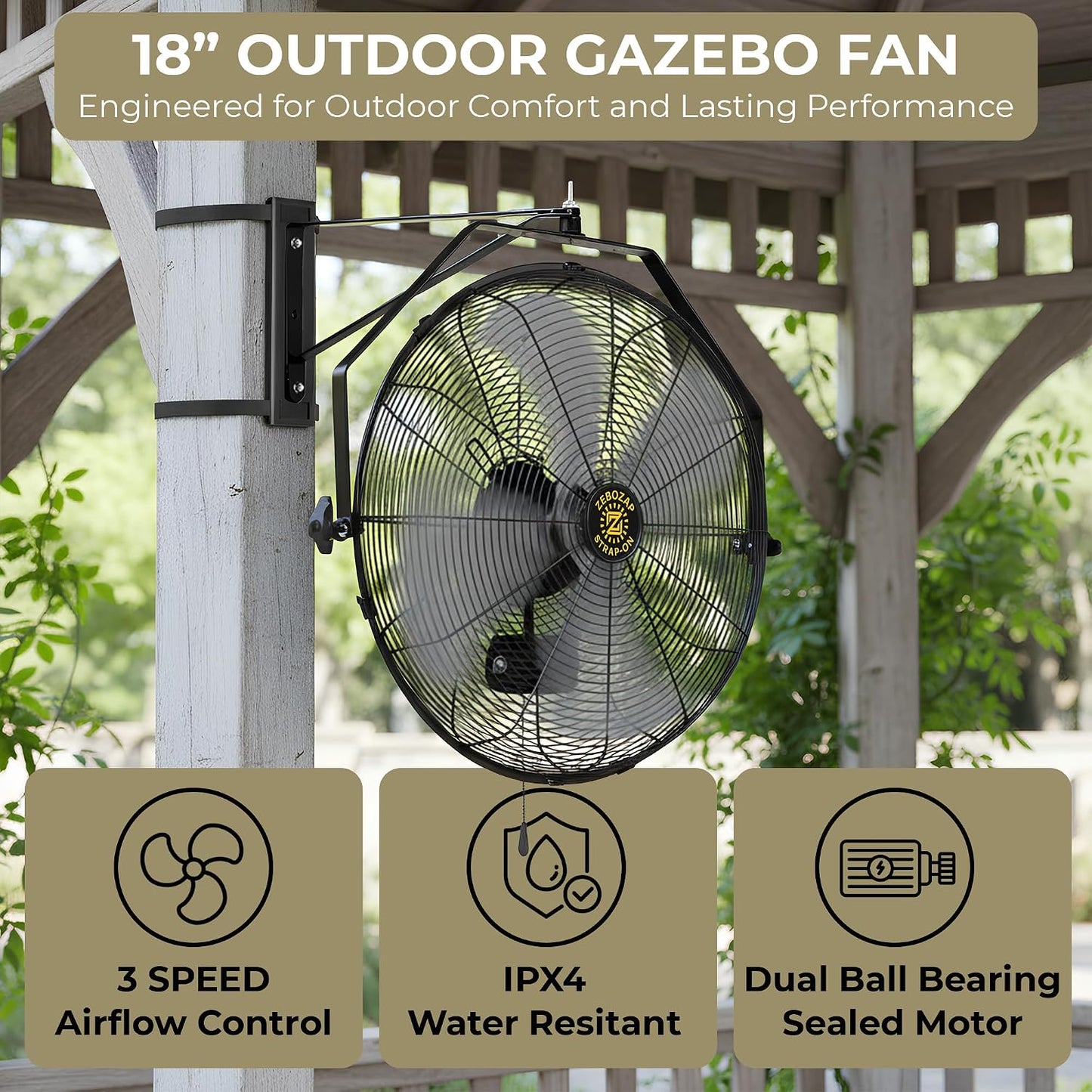 ZeboZap 18" Outdoor Fan | Outdoor Fans for Patios Waterproof, Wall Mounted Fan for Gazebo, Covered Patio, Greenhouse & Workshop, IP44 Waterproof, 4000 CFM, 3-Speed, 10 ft Power Cord, ETL Certified