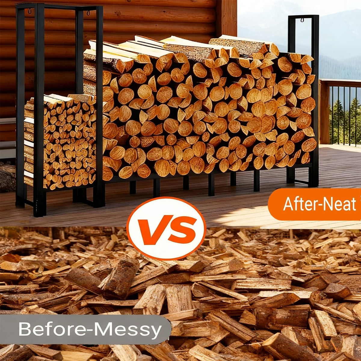 8ft heavy duty firewood rack with kindling storage,black, front angle view