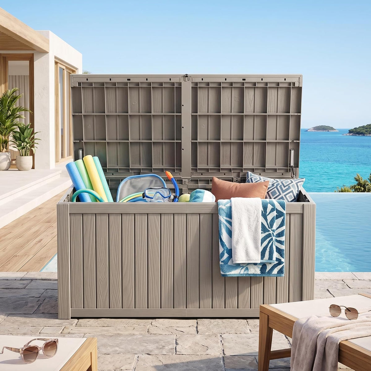 outdoor storage box, 200 gallon waterproof deck box, main product view