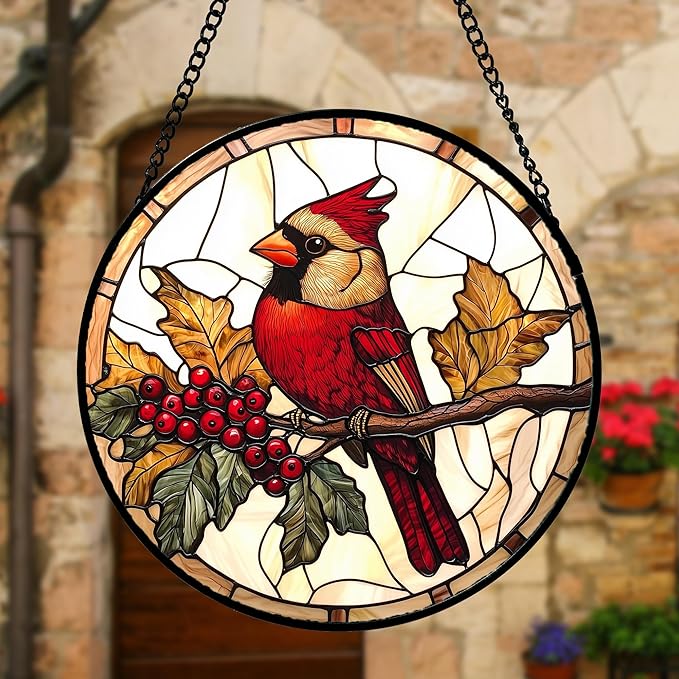 DASTOLL Stained Glass Window Hanging, Birds on a Branch Cardinal Sun Catchers - Image 2