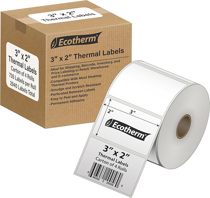 3" x 2" Thermal Labels | 4 Rolls | 2940 Labels | fits Zebra, Offnova Thermal by EcothermProducts