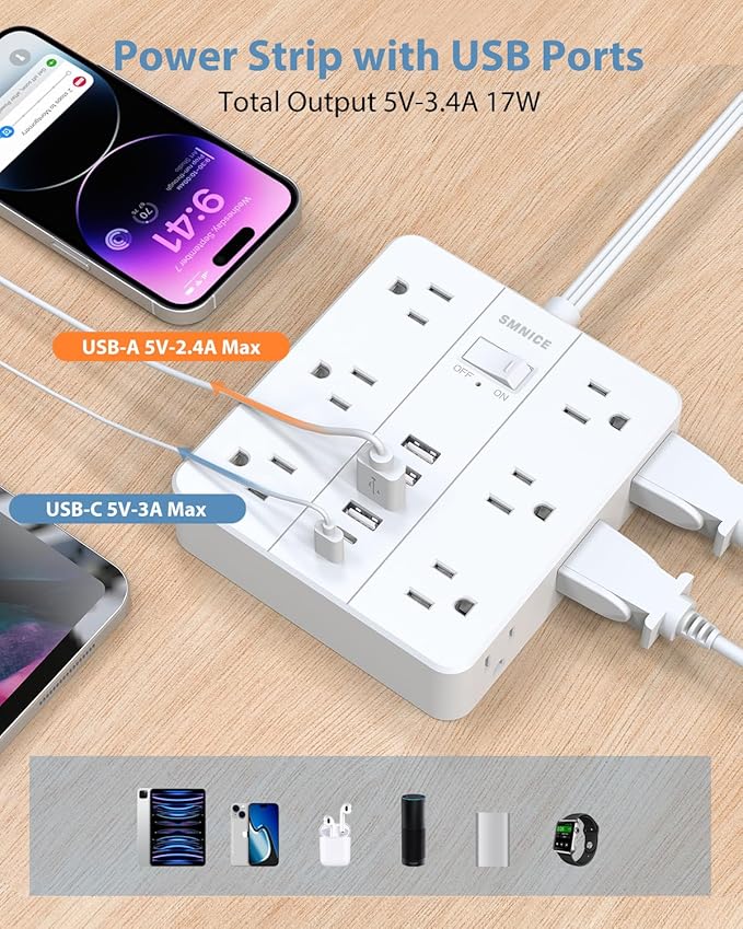 Power Strip Flat Plug with 12 Outlets 6 USB, SMNICE Surge Protector Charging - Image 5