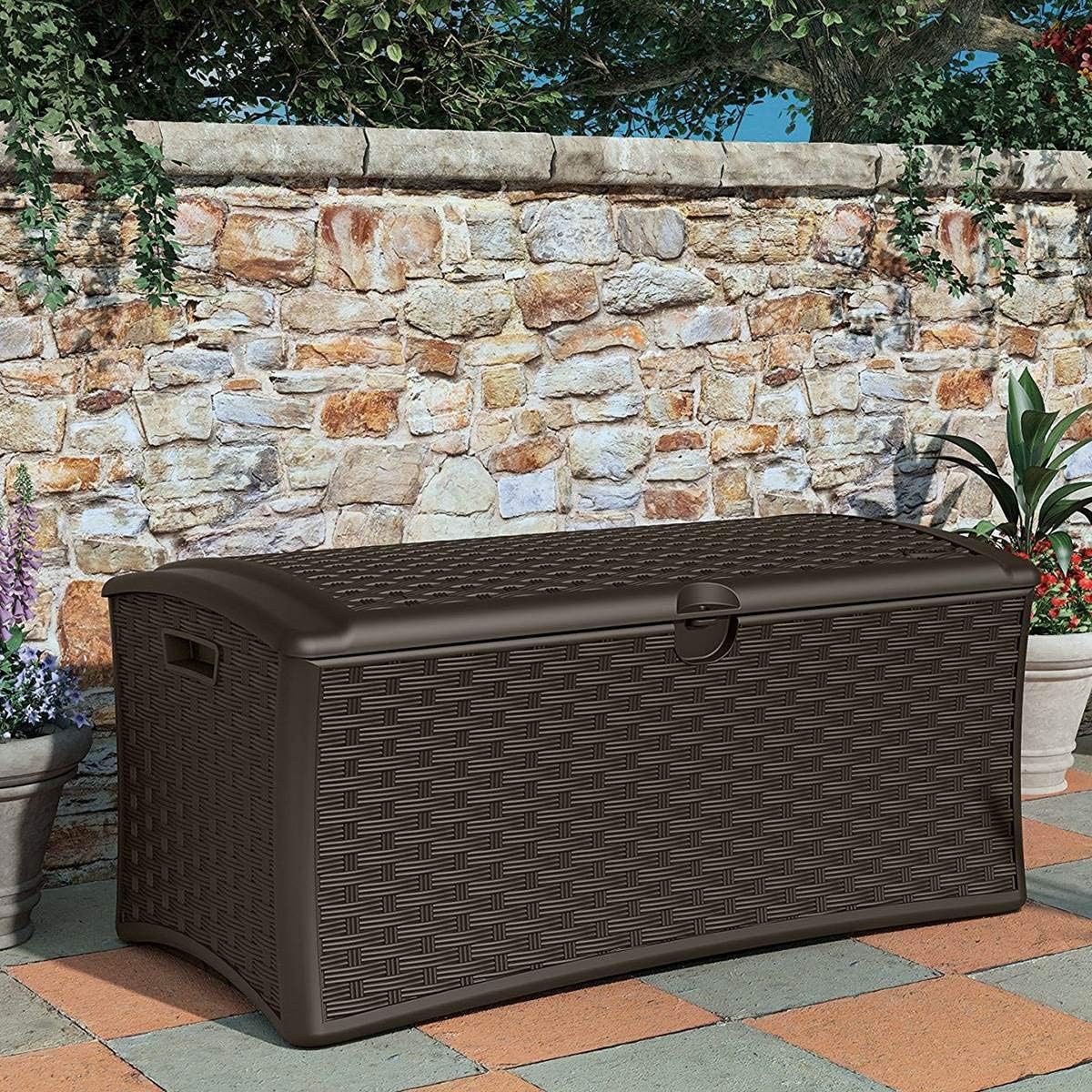 suncast 72 gallon resin outdoor patio storage box showing dimensions