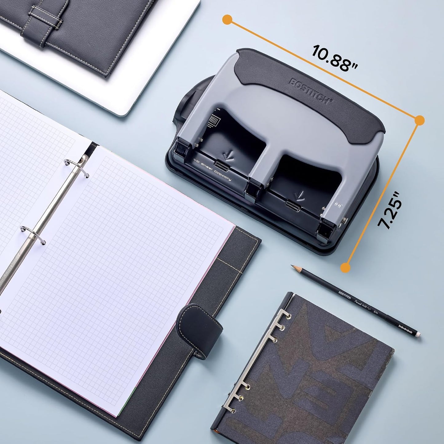 Bostitch EZ Squeeze 3 Hole Paper Punch, 40 Sheet Capacity, Heavy Duty Metal Office Hole Puncher with Chip Tray, Non-Slip Base & Paper Guide, 9/32" Holes for Binders, School & Home Office