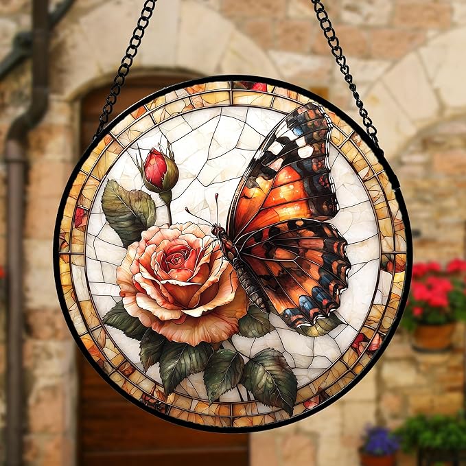 DASTOLL Stained Glass Window Hanging, Butterfly Picking Flowers Suncatcher - Image 5