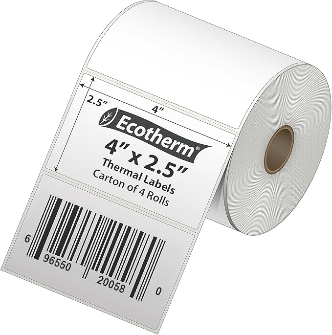 4" x 2.5" Thermal Labels | 4 Rolls | 2400 Labels | fits Zebra, Offnova Thermal - Image 2