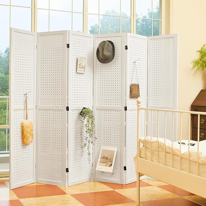Pegboard Display, 5.6Ft Wooden Room Divider Folding Privacy Screens Portable - Image 2