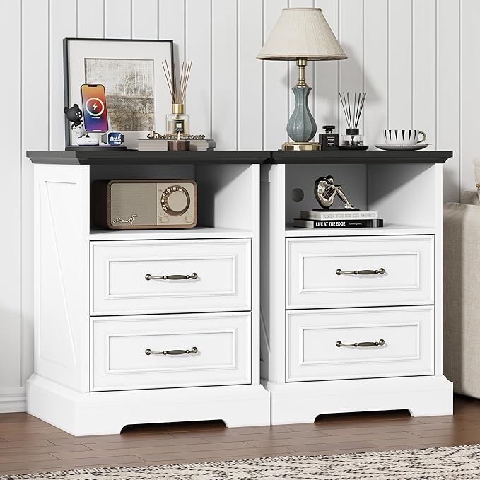 Nightstand with Charging Station Set of 2, Rustic Farmhouse Wood Small Dresser by Thacuok