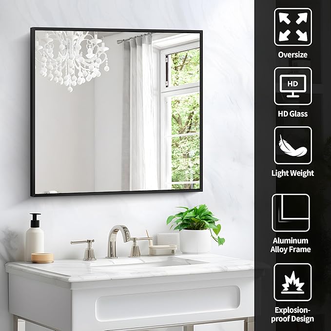 Black Bathroom Mirror for Wall, 30x30 Inch Rectangle Mirrors - Image 4