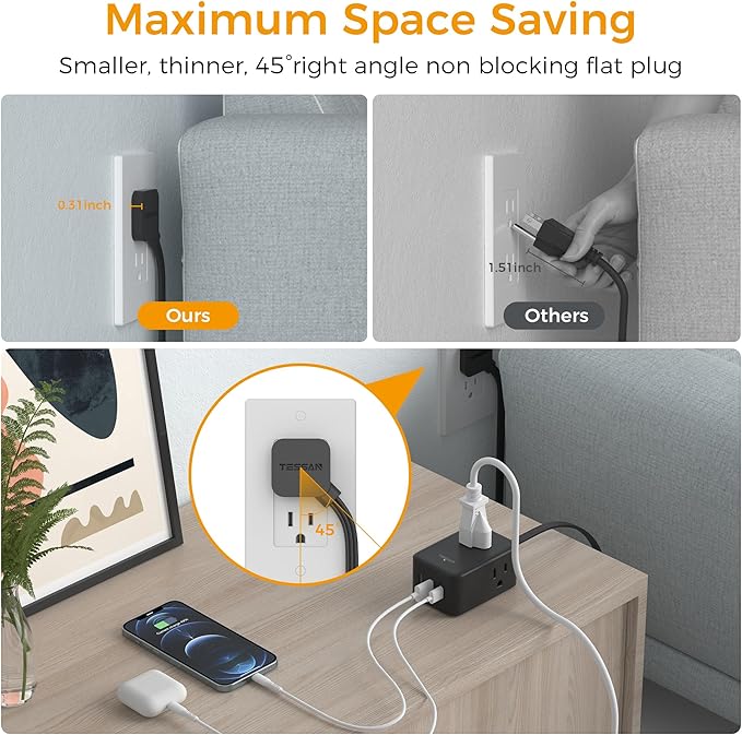Flat Black Extension Cord, TESSAN Ultra Thin Power Strip - Image 2