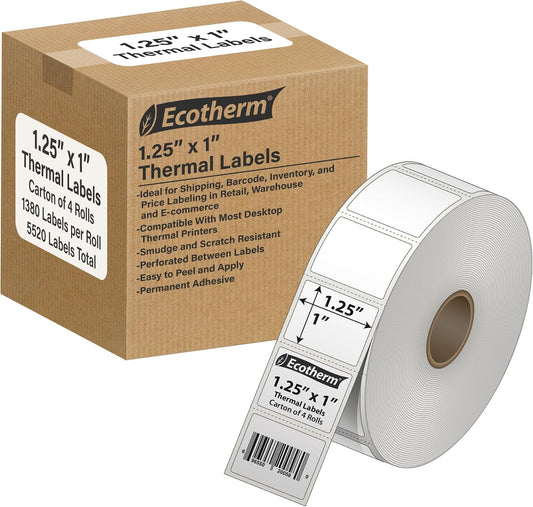 1.25" x 1" Thermal Labels | 4 Rolls | 5520 Labels | fits Zebra, Offnova Thermal