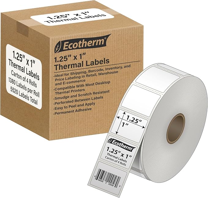 1.25" x 1" Thermal Labels | 4 Rolls | 5520 Labels | fits Zebra, Offnova Thermal by EcothermProducts
