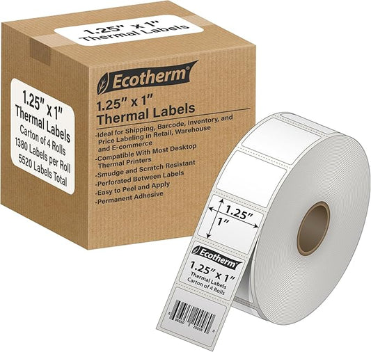 1.25" x 1" Thermal Labels | 4 Rolls | 5520 Labels | fits Zebra, Offnova Thermal by EcothermProducts