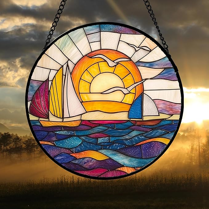 DASTOLL Stained Glass Window Hanging, Sailboat and Waves Suncatcher Diamond - Image 4