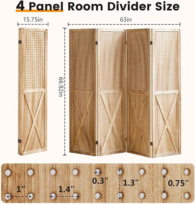 ALeesing 4 Panel Pegboard Wood Room Divider, 5.6Ft Pegboard Display Folding - Image 2