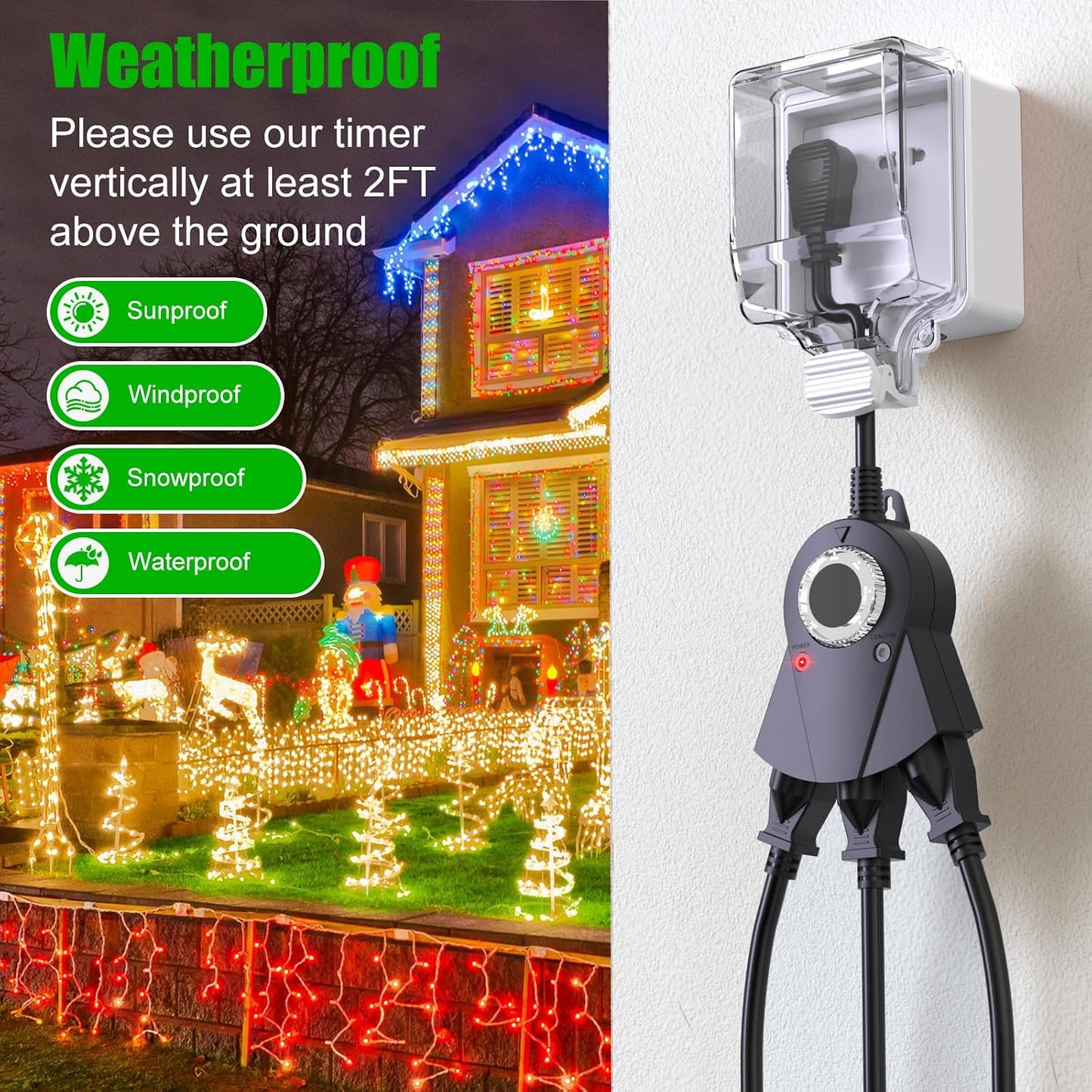 Minetom Outdoor Light Plug-in Timer, Heavy Duty Mechanical Timer Switch, 3 Grounded Electrical Outlets for Christmas Lighting Outdoor and Indoor, UL Listed, Black, 13 Amp