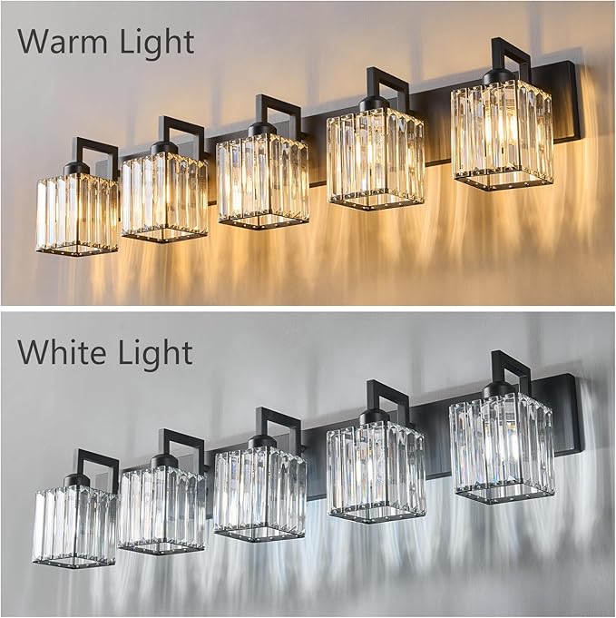 FDPBY Black Bathroom Light Fixture, 5-Light Crystal Vanity Lighting, Bathroom - Image 3