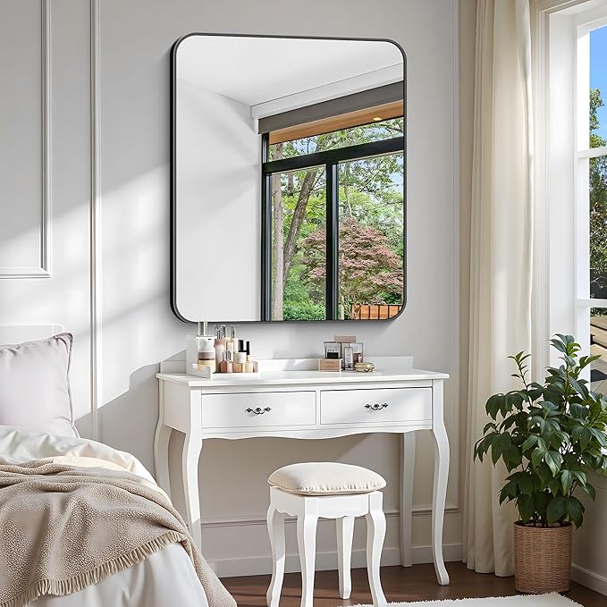 Bathroom Mirror, 36 x 30 inch Metal Framed Black Rectangle Mirror, Rounded - Image 4