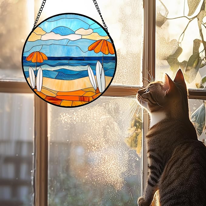 AMDERVEN Stained Glass Window Hanging 4 Pcs Set Blue Ocean Surfing Beach Large - Image 4