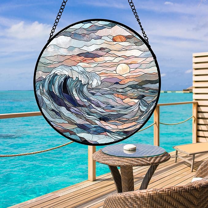 DASTOLL Stained Glass Window Hanging, Sunrise Waves Sun Catchers Diamond Glass - Image 4