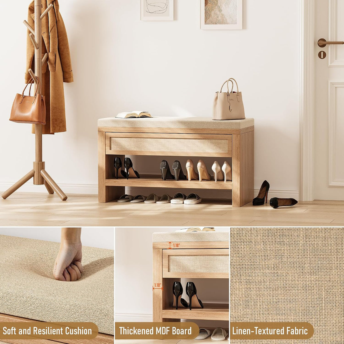 32” shoe bench with storage drawer, farmhouse entryway showing dimensions