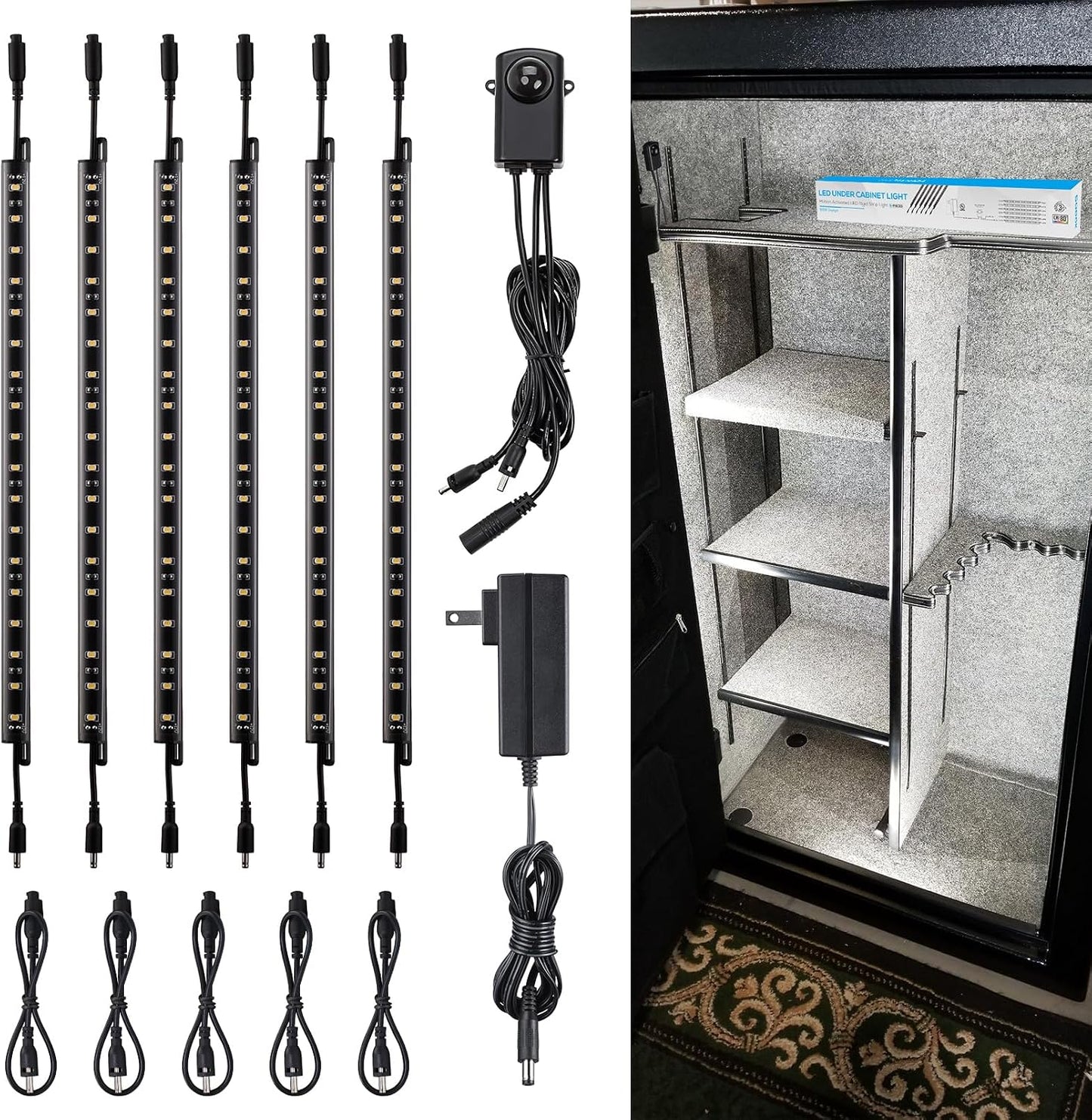 TORCHSTAR 6pcs 12 Inch LED Safe Lighting Kit, Motion Sensor, 5000K | UL Power Adapter, Input 100-240V, Linkable Gun Safe Light Bars, 900LM, for Under Cabinet Locker Closet Showcase, Daylight