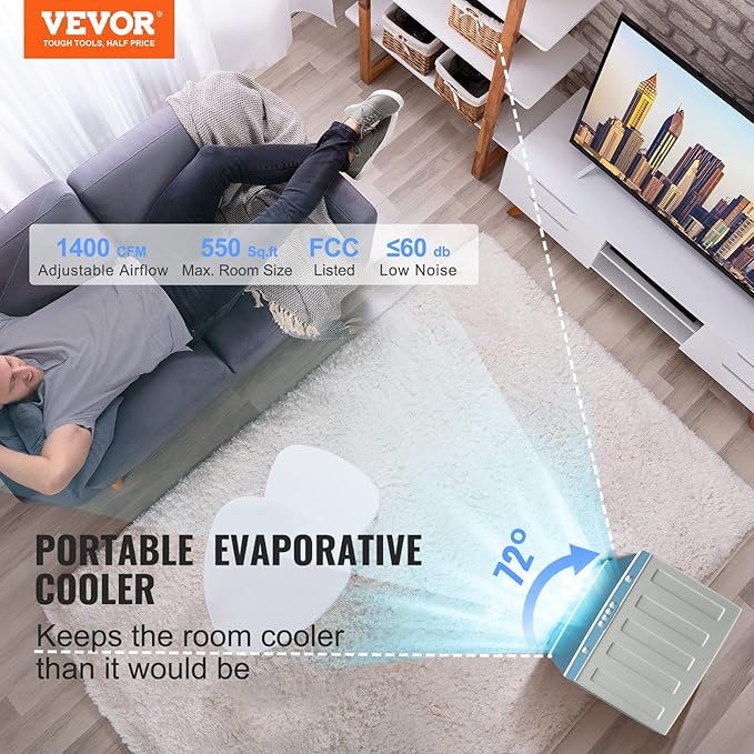 VEVOR Evaporative Air Cooler, 100W 1400CFM Swamp Cooler - Image 2