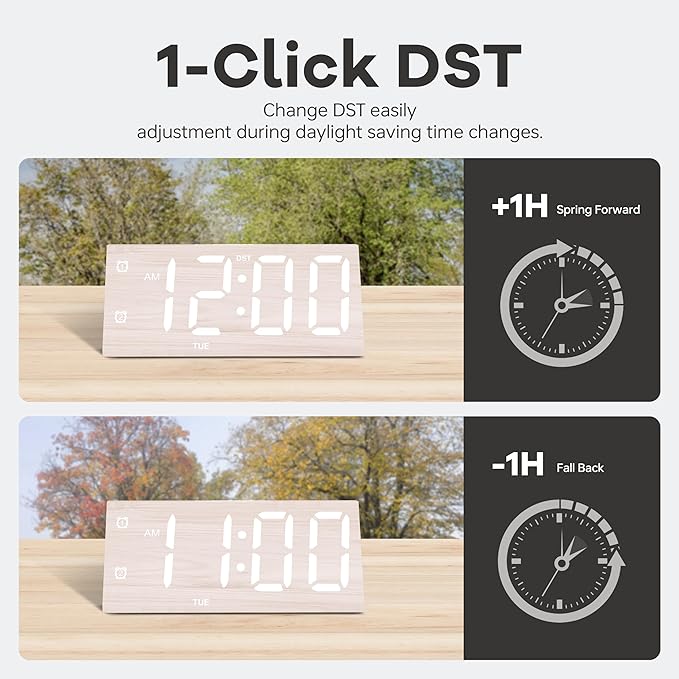 Digital Alarm Clock, with Wooden Electronic LED Time Display, 3 Alarm Settings - Image 4